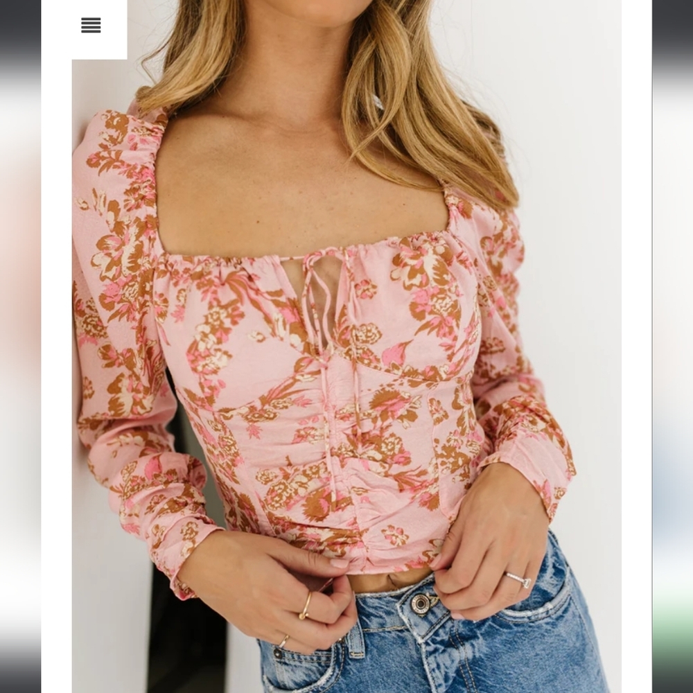 Free People Pink Floral Square Neck Long Sleeve Blouse
